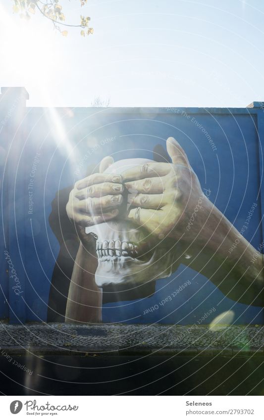 nix sehen Graffiti Wand Kunst Hand Hände Schädel Totenschädel tot Sonne Gegenlicht Sonnenstrahlen draußen Außenaufnahme Fassade Mauer Farbfoto Straßenkunst