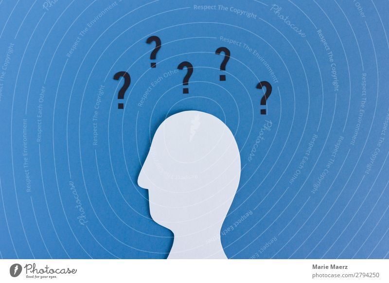 So viele Fragen - Kopf-Silhouette mit Fragezeichen Bildung Wissenschaften Karriere maskulin 1 Mensch Zeichen Denken einfach modern blau Gefühle Neugier