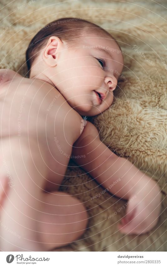 Neugeborenes Mädchen wach auf Decke liegend Glück schön Körper Gesicht Windstille Schlafzimmer Kind Mensch Baby Frau Erwachsene Kindheit Wärme authentisch klein