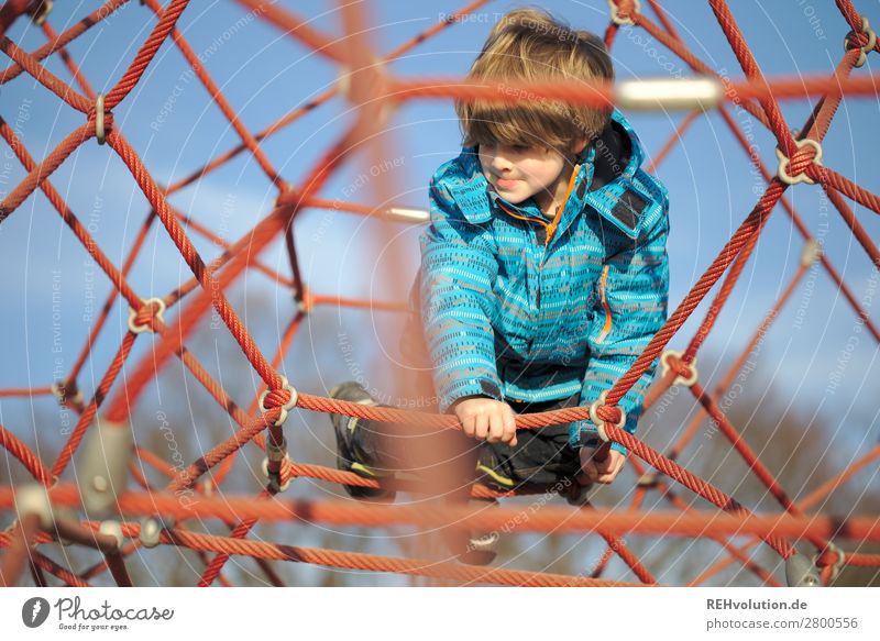 Kind auf einem Spielplatz Mädchen Ganzkörperaufnahme Tag Außenaufnahme Farbfoto Angst festhalten hoch oben spielerisch Seil Klettern Abenteuer anstrengen