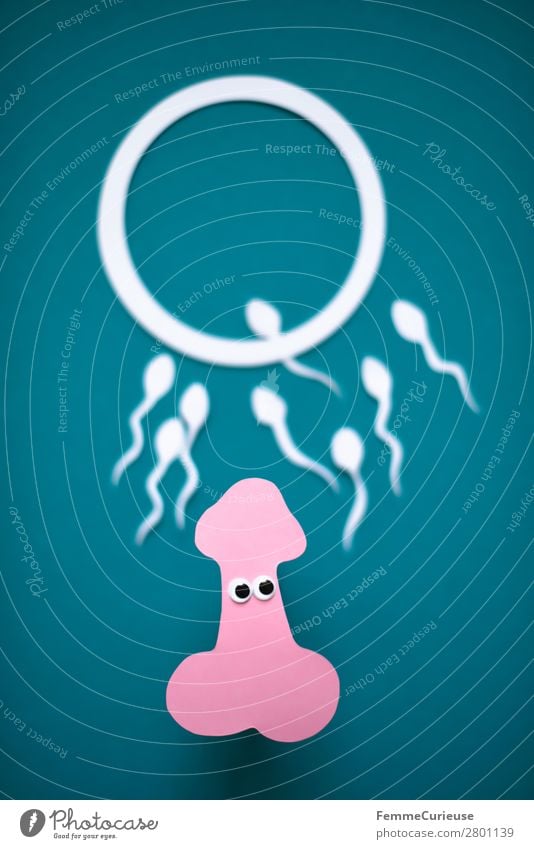 Symbol image for reproduction Zeichen Sex Sexualität Penis Eizelle Spermien türkis weiß rosa Wackelaugen Grafik u. Illustration Grafische Darstellung