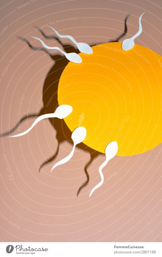 Reproduction - sperm swimming to egg cell Zeichen Sex Sexualität geblitzt Schlagschatten gelb weiß Spermien Eizelle Fertilisation Biologie fruchtbar