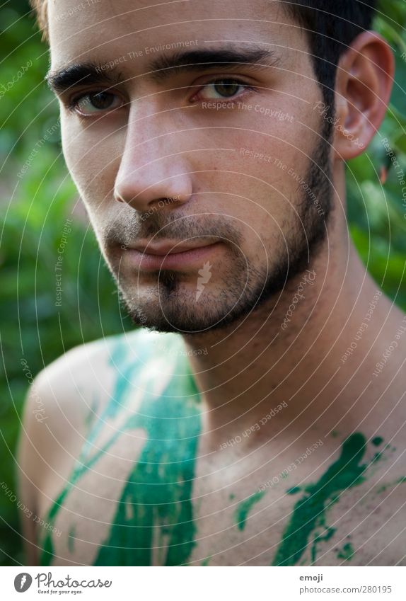 intensiv maskulin Junger Mann Jugendliche Gesicht 1 Mensch 18-30 Jahre Erwachsene Bart Dreitagebart natürlich rebellisch grün ernst Körpermalerei Farbfoto