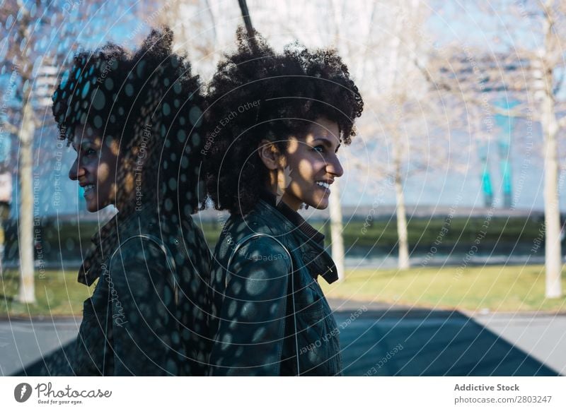 Porträt einer schwarzen Frau mit Afrohaar. Erwachsene Afrikanisch Afro-Look Amerikaner Hintergrundbild schön Beautyfotografie lässig heiter lockig niedlich