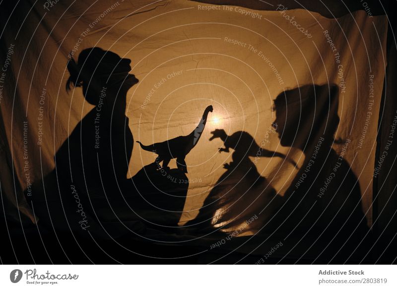 Silhouette einer Frau mit einem Kind, das hinter dem Laken spielt. Spielen Schatten Wohnung Dinosaurier Illumination Freude Zusammensein Abend Nacht Mutter