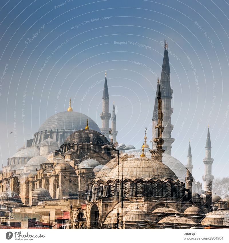 Moschee Tourismus Wolkenloser Himmel Sommer Schönes Wetter Istanbul Türkei Bauwerk Architektur Perspektive Religion & Glaube Doppelbelichtung Farbfoto
