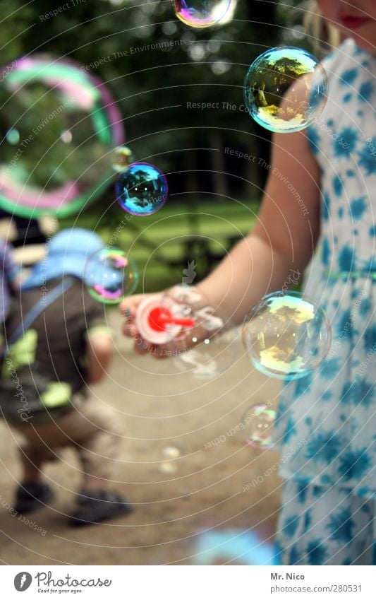 bubbles Sommer Kleinkind Kindheit Umwelt Park Freude Glück Fröhlichkeit Zufriedenheit Seifenblase Luftblase blasen rund Kugel durchsichtig Sommerkleid