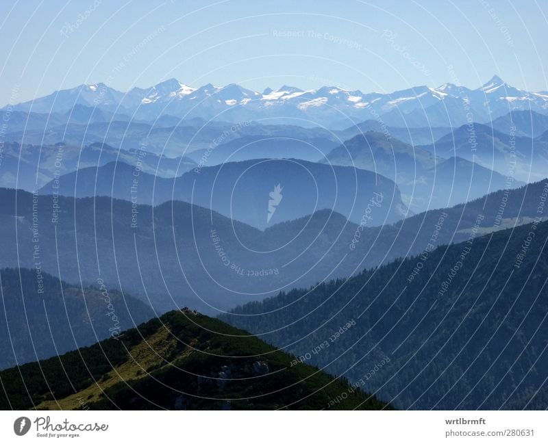 Weitblick Landschaft Himmel Schönes Wetter Wald Alpen Gipfel Schneebedeckte Gipfel Gletscher blau Zufriedenheit Erholung Ferien & Urlaub & Reisen