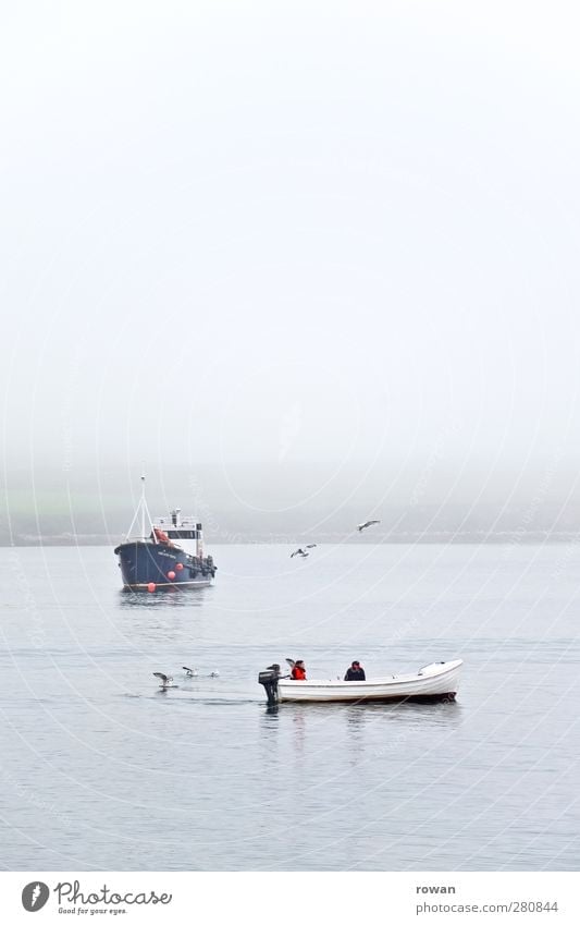 fischer Wasser schlechtes Wetter Nebel Wellen Küste Bucht Meer Schifffahrt Bootsfahrt Fischerboot Sportboot Motorboot Wasserfahrzeug kalt nass blau geduldig