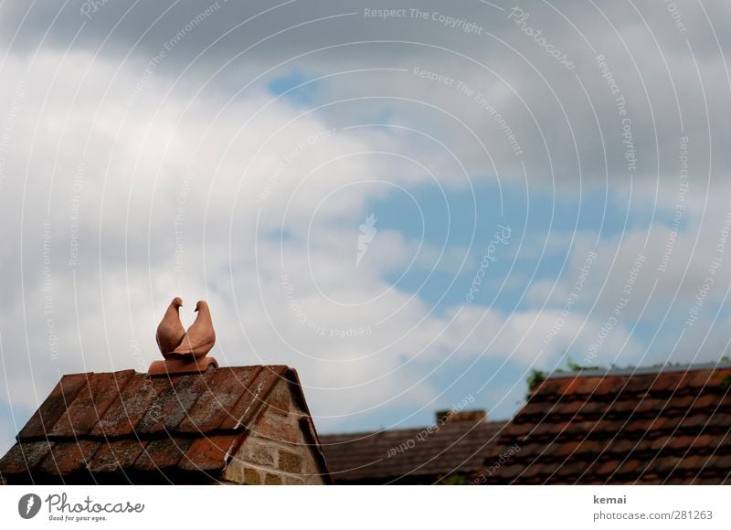AST5 | Turteltäubchen Himmel Wolken Haus Mauer Wand Dach Dachziegel Dachgiebel Tier Vogel Taube 2 Tontaube Figur sitzen oben Farbfoto Gedeckte Farben