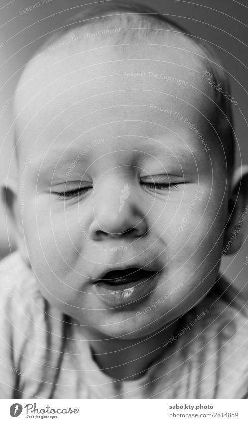 Geschlossene Augen Baby Mensch Kopf Gesicht Nase Mund Lippen 1 0-12 Monate Lächeln lachen schlafen träumen Schwarzweißfoto Innenaufnahme Studioaufnahme Licht