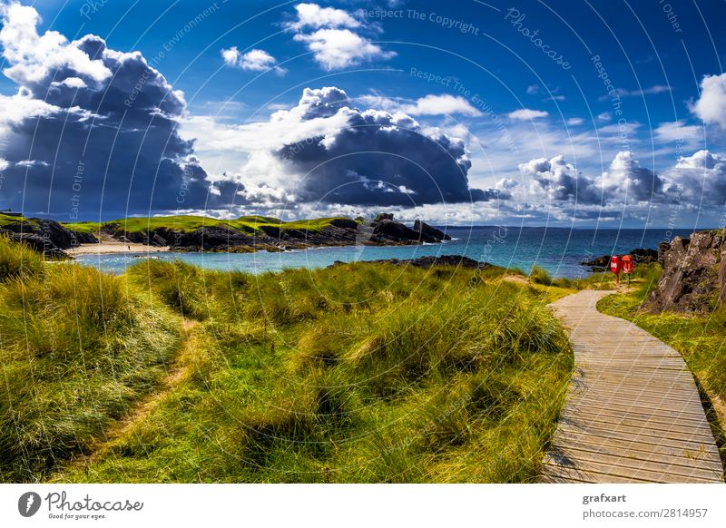 Sandstrand Clachtoll Beach bei Lochinver in Schottland Atlantik clachtoll beach Düne Stranddüne Einsamkeit Erholung Großbritannien Klima Klimawandel Klippe