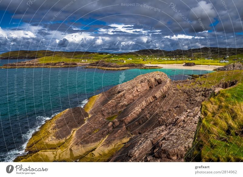 Sandstrand Clachtoll Beach und Campingplatz in Schottland Atlantik Bucht clachtoll beach Einsamkeit Erholung Großbritannien Klima Klimawandel Klippe Lagune