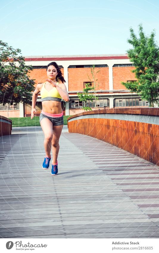 Laufende Frau joggt im sonnigen, hellen Licht bei Sonnenaufgang. rennen Jugendliche Sonnenuntergang Sport Jogger Läufer Außenaufnahme Marathon sportlich