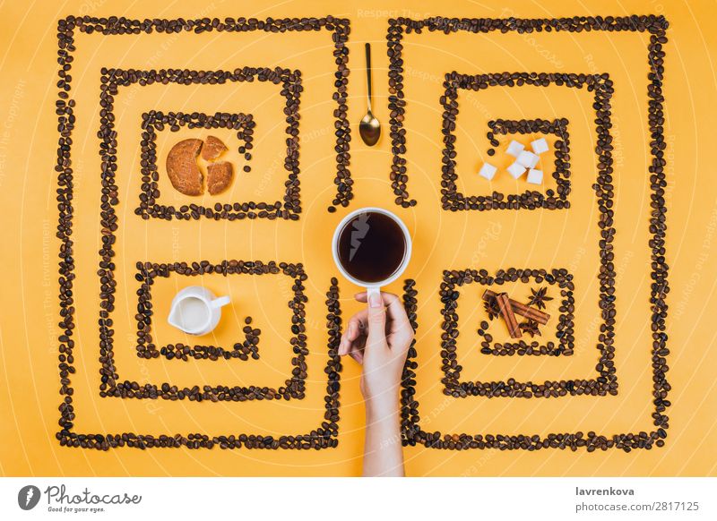 Tasse in der Mitte des Musters oder Labyrinths der Kaffeebohnen Zimt Anissterne Kräuter & Gewürze Würfelzucker Plätzchen Keks legen flach gelb Espresso Becher