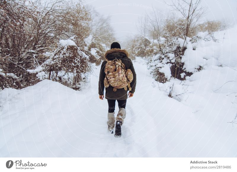 Tourist mit Rucksack im verschneiten Wald Natur Winter Schnee Reisender laufen Straße kalt Landschaft weiß Frost Baum Jahreszeiten Szene schön Wetter Tag Eis