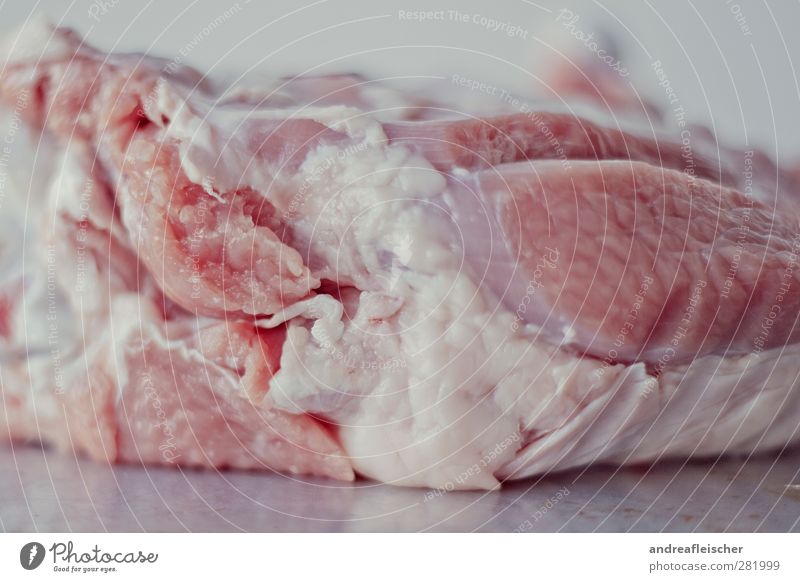 fleischeslust. Lebensmittel Fleisch Ernährung ästhetisch Geflügel nackt zart kalt Detailaufnahme kochen & garen rezept Tierhaut rosa weiß Metall Tisch Fett