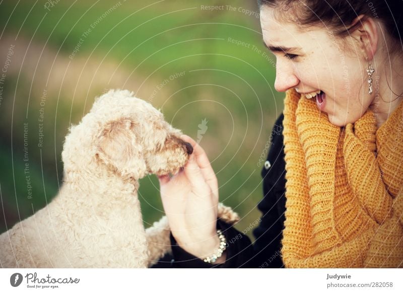 'Gut gemacht!' Freude Freizeit & Hobby Mensch feminin Junge Frau Jugendliche Umwelt Natur Herbst Mode Schal brünett Tier Haustier Hund zwergpudel Pudel füttern