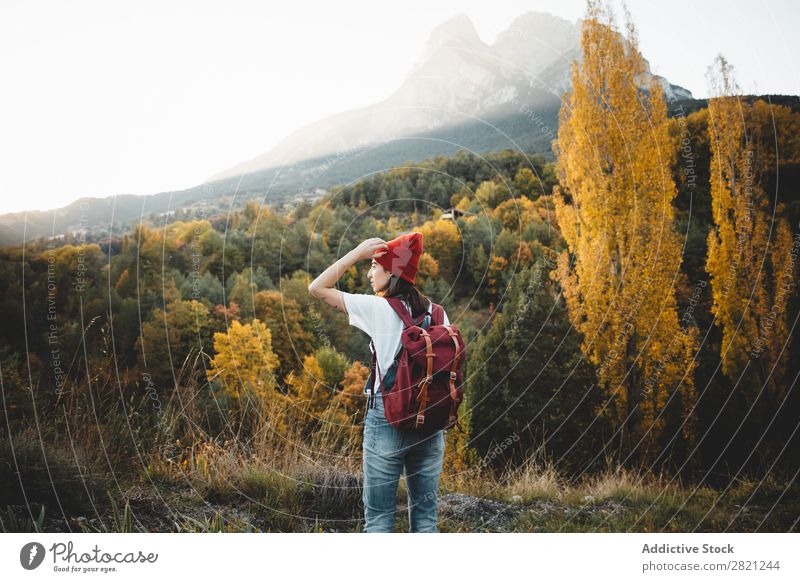 Frau mit Hut in der Natur laufen Jugendliche Mensch Lifestyle Landschaft Freizeit & Hobby Abenteuer Freiheit Jahreszeiten Herbst Baum Aussicht hübsch attraktiv