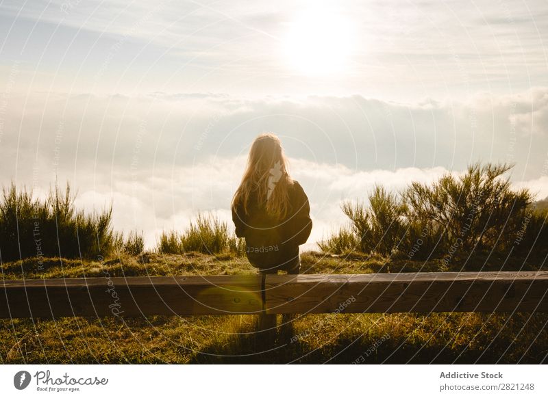 Frau auf Holzzaun sitzend Natur genießend Freiheit Lifestyle Mensch Freizeit & Hobby Sonnenlicht Sonnenstrahlen Tag Himmel Wolken Gras Unbekümmertheit Erholung