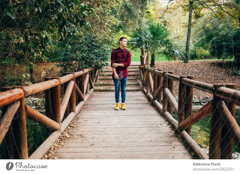 Junger Mann steht auf der Brücke Park Fürsorge besinnlich Freitreppe Gang Natur Mensch Lifestyle Gras Freizeit & Hobby lässig Jugendliche Außenaufnahme Tag
