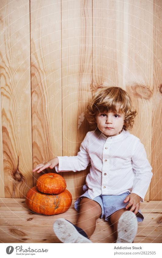 Charmantes Kind, das mit Kürbissen posiert. Verstand Phantasie Körperhaltung Fürsorge Ferien & Urlaub & Reisen Halloween Herbst Menschliches Gesicht Kindheit