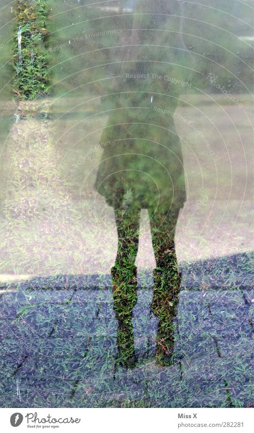 Stiefel am Morgen Mensch feminin 1 kalt Tau Kondenswasser Rock Beine Straße Fenster Reflexion & Spiegelung Glasscheibe Farbfoto Außenaufnahme Ganzkörperaufnahme