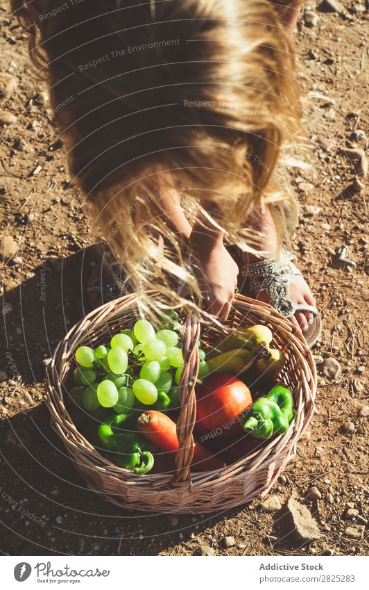 Anonymes Kind mit Obstkorb Mädchen Korb Frucht Gemüse Sommer Landwirtschaft Landschaft Natur Ernte Vitamine frisch Lebensmittel organisch Beautyfotografie