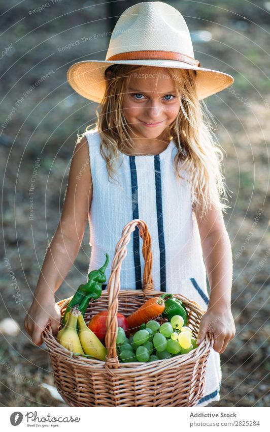 Ausdrucksstarkes Kind mit Obst im Korb Mädchen Körperhaltung Sommer Ernte Frucht Gemüse Stil Aufregung ländlich Landwirtschaft Landschaft Natur Picknick
