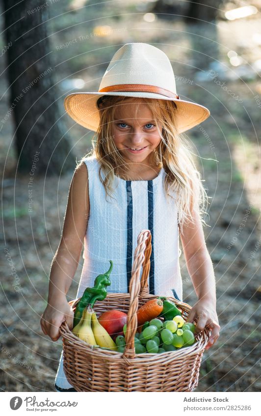 Ausdrucksstarkes Kind mit Obst im Korb Mädchen Körperhaltung Sommer Ernte Frucht Gemüse Stil Aufregung ländlich Landwirtschaft Landschaft Natur Picknick