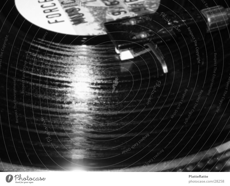 Scratchy Diskjockey Plattenspieler Nacht Schallplatte Makroaufnahme Nahaufnahme Scharz/Weiß Musik Plattenteller
