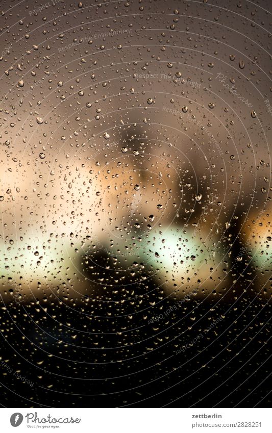 Schauer Dämmerung Fenster Autofenster Abteilfenster Fensterscheibe Herbst nass Natur Niederschlag Orkan Park Regen Regenwasser Wassertropfen Sonnenuntergang