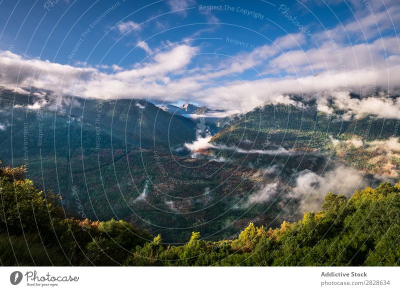 Malerischer Blick auf wolkige Hügel Aussicht Wolken malerisch Landschaft Ausflugsziel Natur schön natürlich Wahrzeichen Wald Berge u. Gebirge grün