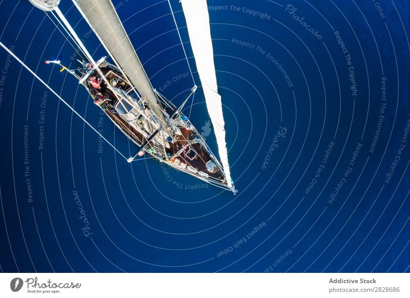 Von oben Aufnahme eines Segelbootes fliegend Leinwand Gefäße Yachting Verkehr Meer blau Abenteuer Ferien & Urlaub & Reisen nautisch Wasser marin Freiheit
