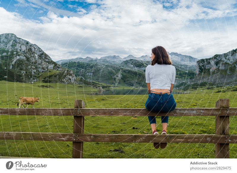 Frau auf der Alm sitzend Wiese Geländer Erholung Berge u. Gebirge Kuh Weide Natur Feld Mädchen Gras schön Jugendliche grün Frühling Mensch Fröhlichkeit Freiheit