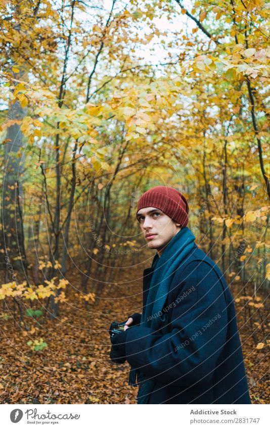 Mann posiert im herbstlichen Wald Straße Jugendliche Stadt Lifestyle lässig Mode Stil warme Kleidung Erwachsene modern Mensch trendy Typ