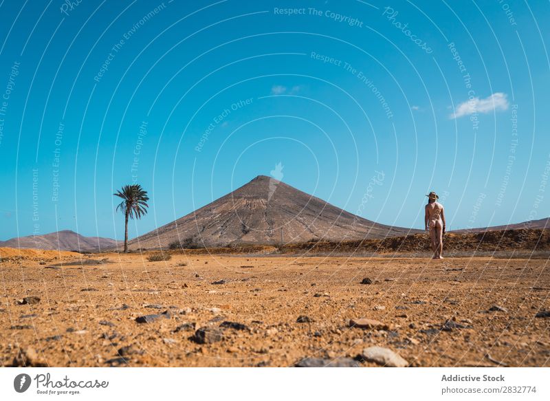 Nackter Mann, der in der tropischen Wüste posiert. Reisender Trekking Freiheit Gelände reisend Jahreszeiten Abenteuer Erkundung Düne Tourismus natürlich