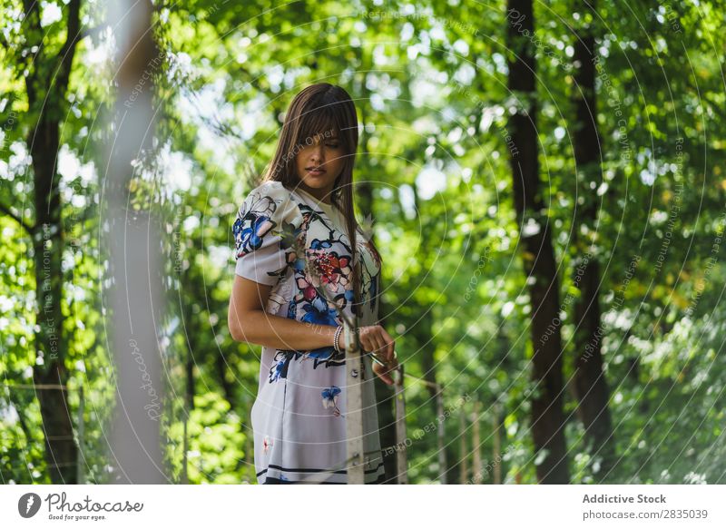 Junge Frau im Wald genießen stehen Zaun Jugendliche Natur grün Mädchen schön Model Mensch Porträt hübsch Beautyfotografie attraktiv Dame Sommer natürlich Kleid