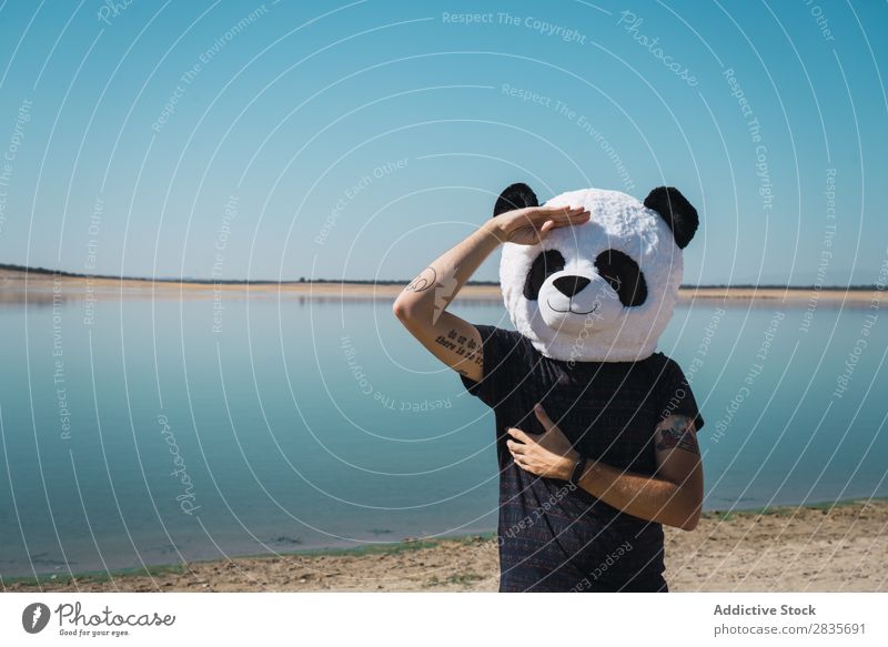 Reisender mit kreativem Hut, der auf dem See posiert. Mann Fundstück Panda Kostüm reisend Natur Expedition Tourismus gestikulierend Fernweh Kreativität anhaben