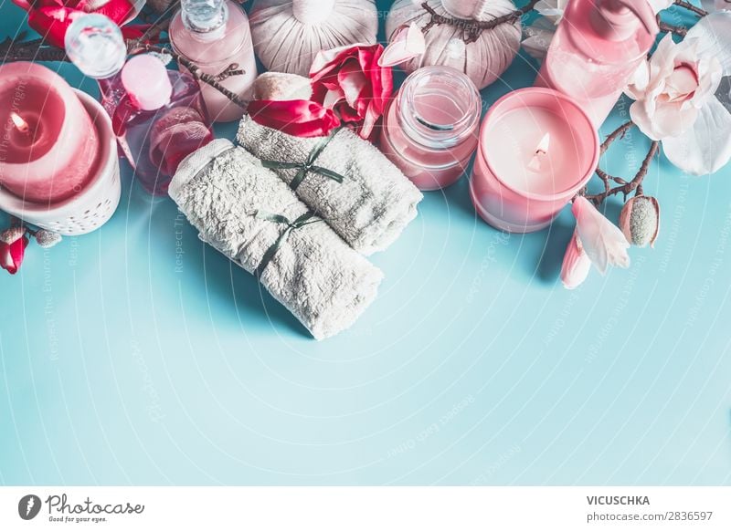 Rosa Spa und Wellness mit Magnolien Blüten Stil Design schön Körperpflege Kosmetik Gesundheit Erholung Frühling rosa Hintergrundbild Massage Magnolienblüte