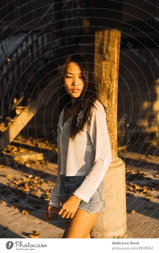 Asiatin, die sich an die Säule lehnt. Frau hübsch asiatisch Jugendliche Behaarung brünett Freude Holz Haus Sonnenstrahlen schön Porträt attraktiv