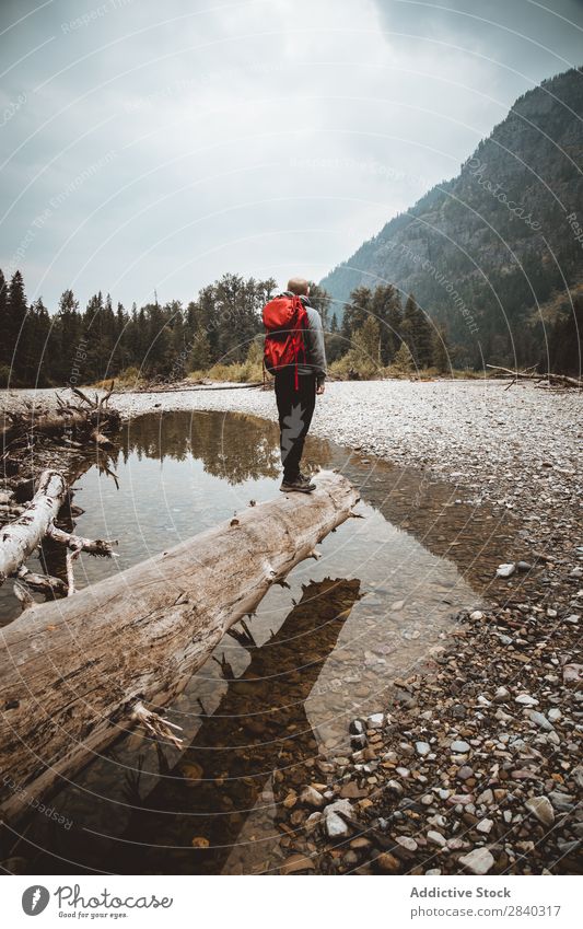 Reisender mit Rucksack, der in der Landschaft posiert. Mann Trekking Berge u. Gebirge wandern träumen nachdenklich Körperhaltung Wildnis Abenteurer Baumstamm