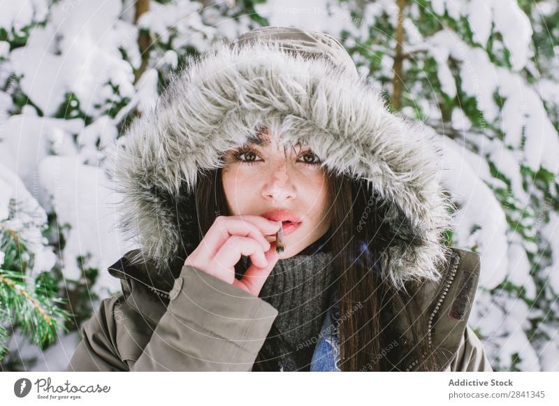 Eine schöne Frau im Schnee Erwachsene attraktiv brünett heiter kalt dunkel Tag Gefühle Mädchen Ferien & Urlaub & Reisen horizontal Landschaft Natur