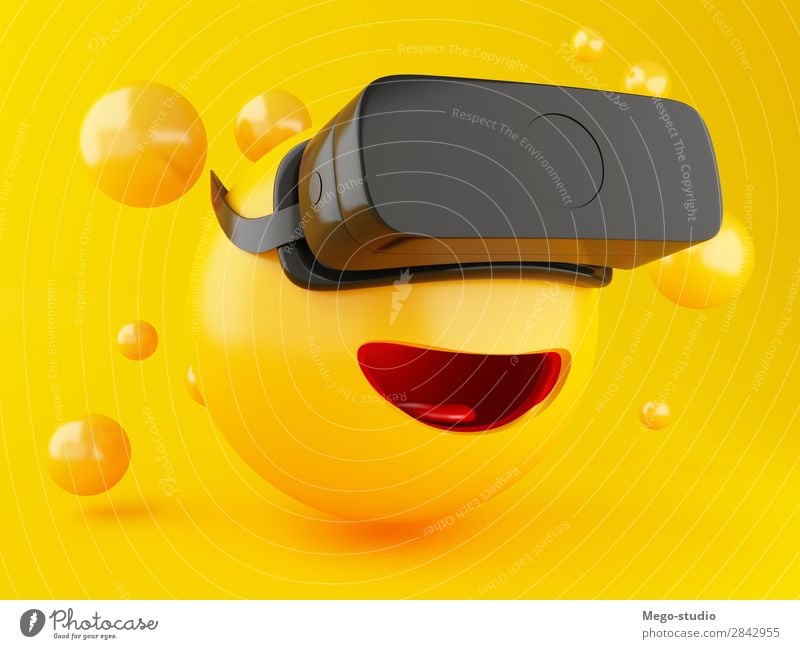 3d Emoji mit VR-Headset. Freude Glück Spielen Entertainment Technik & Technologie Freundschaft Mund glänzend Lächeln lachen lustig modern niedlich gelb Gefühle