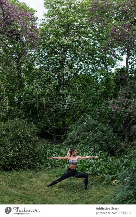 Schöne Frau beim Meditieren im Park Yoga Natur meditierend Erholung Gleichgewicht Gesundheit Konzentration grün Fitness stehen Körper Außenaufnahme Wellness