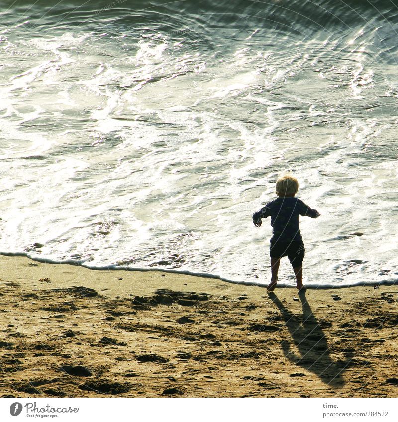 Die aufregende Entdeckung der Wasserkraft Kind Kindheit Leben 1 Mensch 3-8 Jahre Sand Schönes Wetter Wellen Küste Strand Meer Ärmelkanal beobachten Tanzen nass