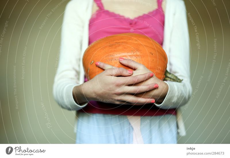 Halloween [ FARBSCHAUDER ] Lebensmittel Gemüse Stil Freude Freizeit & Hobby Erntedankfest Kindheit Jugendliche Körper Hand 1 Mensch Kürbis Strickjacke Top