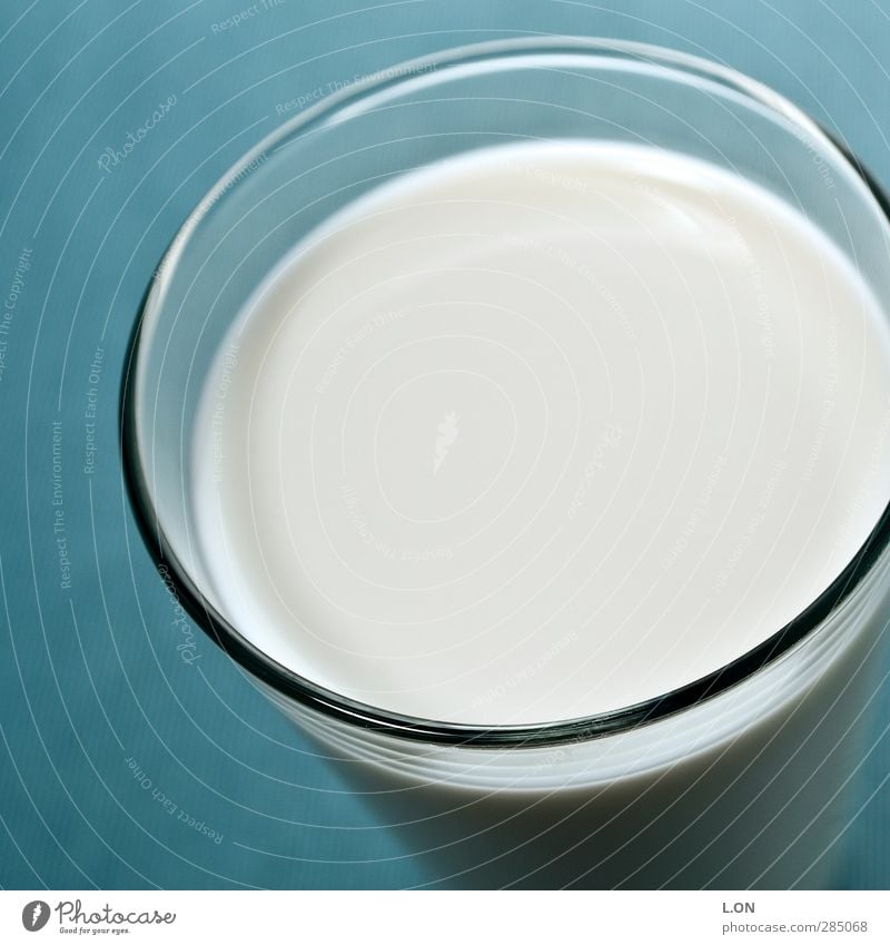 Milchglas Lebensmittel Milcherzeugnisse Ernährung Frühstück Bioprodukte Getränk Glas Flüssigkeit Gesundheit kalt lecker rund blau weiß Farbfoto Innenaufnahme