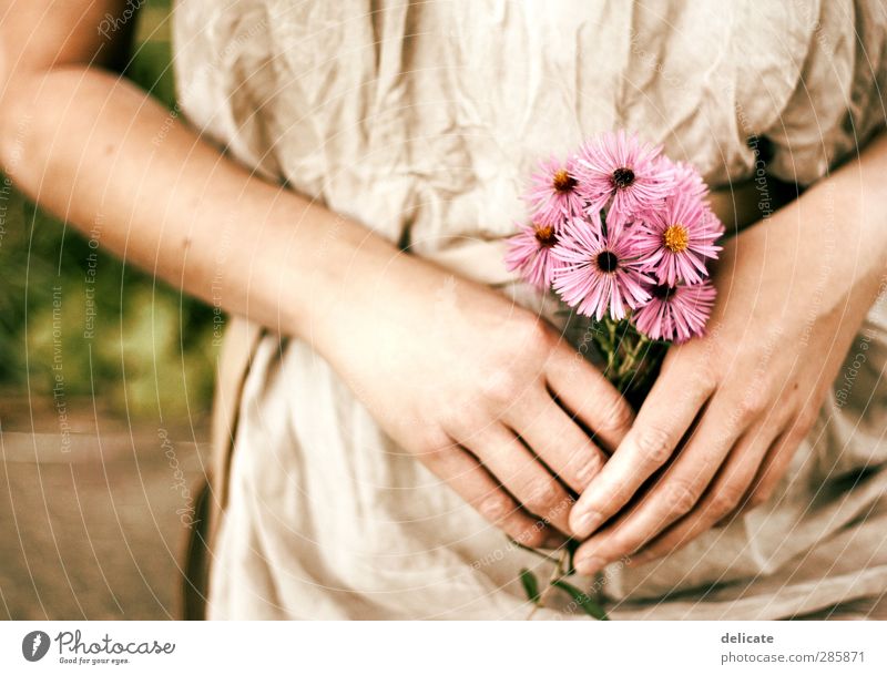 Blumenmädchen Körper feminin Frau Erwachsene Arme Hand Bauch 1 Mensch 18-30 Jahre Jugendliche Natur Pflanze Blüte Garten Park Kleid Blumenstrauß Duft Einsamkeit
