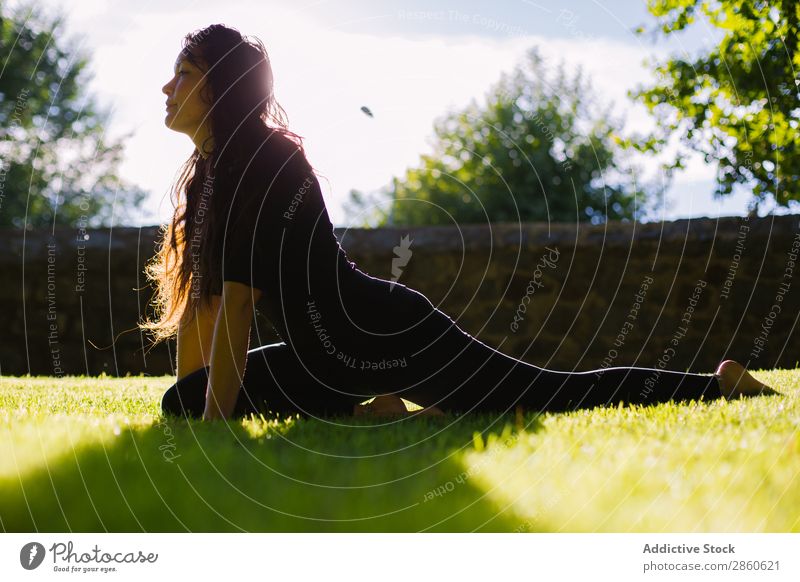 Junge Frau, die Yoga im Freien praktiziert. Aktion Einsamkeit Asana Gleichgewicht schön brünett Tag Fitness Mädchen grün Pflanze Gesundheit Lifestyle Meditation